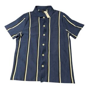 J.Crew Shirt Mens Medium Blue Vertical Stripe Knit Button Front Camp Collar